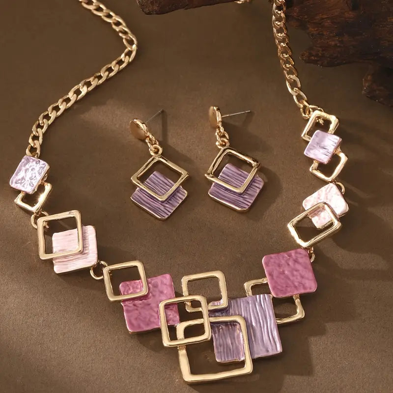 Women’s Geometric Jewelry Set – Enamel Necklace & Earrings Set