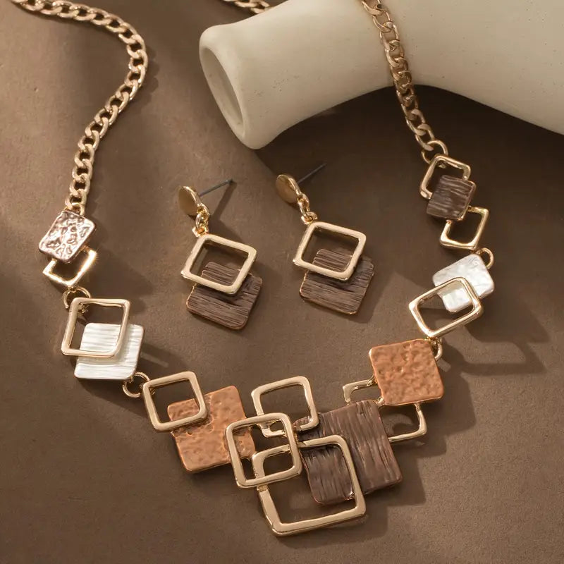 Women’s Geometric Jewelry Set – Enamel Necklace & Earrings Set